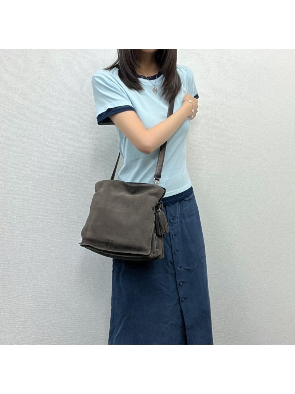 Loewe Flamenco Tassel Anagram Shoulder Bag Suede Leather Brown Silver Vintage